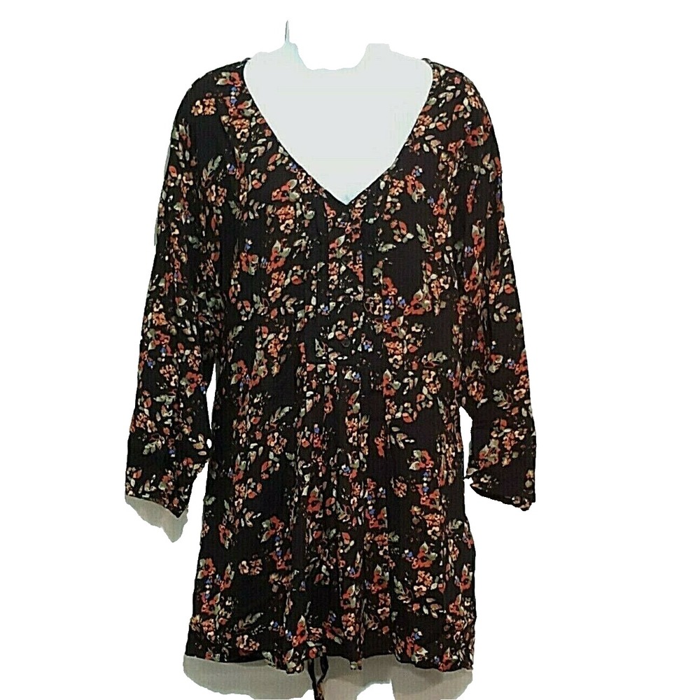 Chelsea Studio Top 3X Black Orange Floral Elbow Sleeve Tie Back Pintuck Button